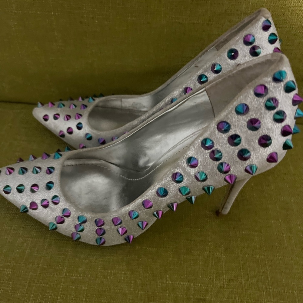BCBGeneration Silver Studded Heels with Purple and Blue Accents